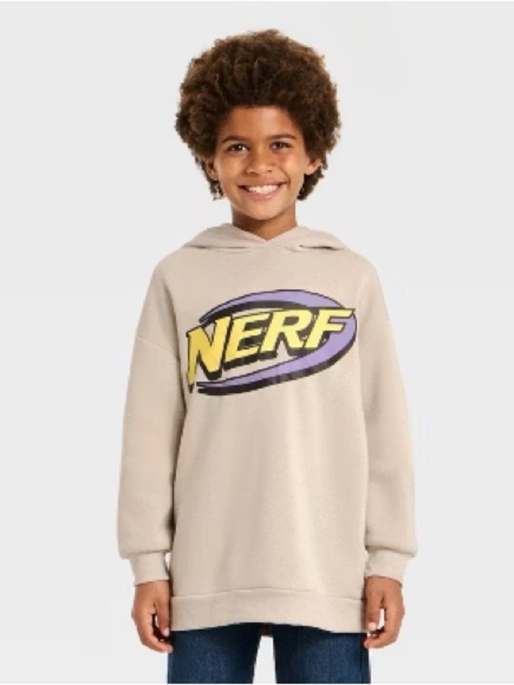 Nerf Taupe Kids Hoodie with Yellow & Purple Logo